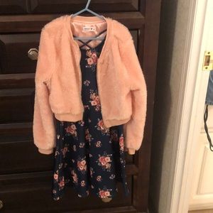 Blue sleeveless dress w/ fuzzy light pink sweater